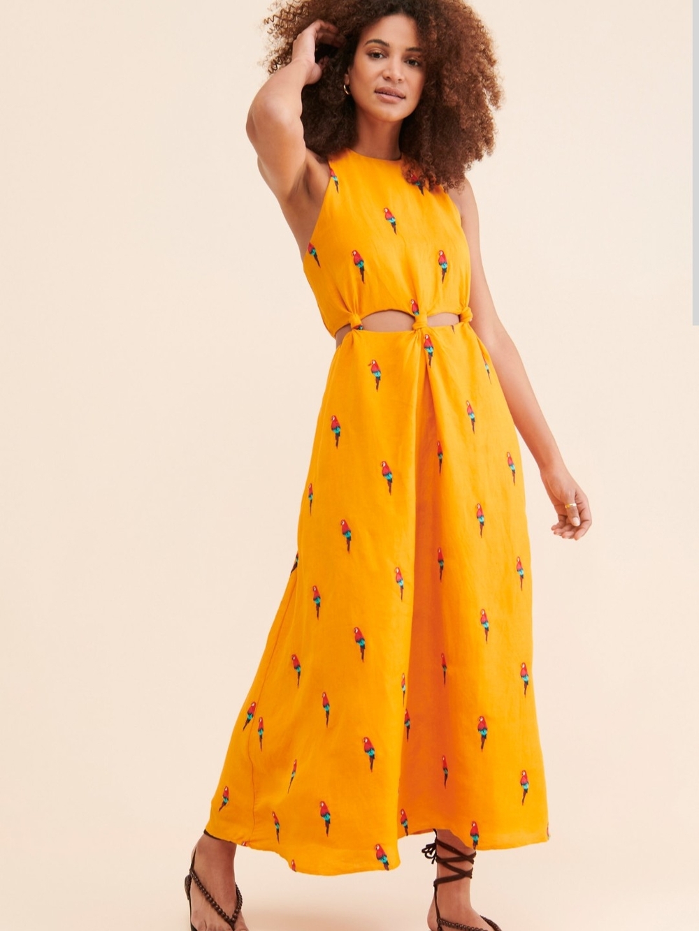 Farm Rio Anthropologie Yellow Parrot Embroidered Tie-Waist Maxi Dress
